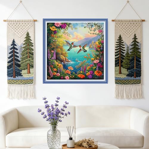 Redxing Stamped Cross Stitch Kits Full Range of Embroidery Starter Kits- Needlepoint Counted Cross Stitch Kits for Beginner Adults 11CT Printed Embroidery Kit-Seaside Hummingbird 18x18 inch - color: DIYArtsKit19