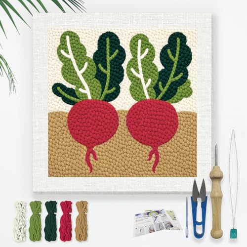 Doodlream Fresh Radish Needle Kit for Beginner, 9.4"x 9.4" Vegetable in Soil Punch Stitching Craft Set, Color DIY Embroidery Starter with Printed Frame, Instruction, Threader, Yarn, Pinch Needle - color: Radish