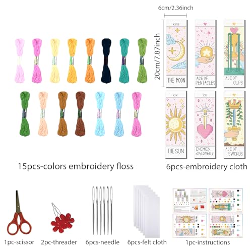 FREEBLOSS 6 Set Cross Stitch Bookmark Kit Stamped Cross Stitch Kit Tarot Cards Theme Embroidery Set with Instruction for Adults 8''*2.4'' - style: Tarot