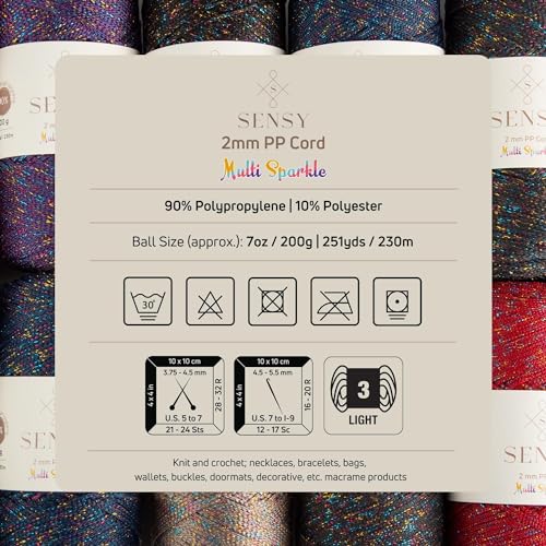 Sensy Premium 2mm 251 Yards Sparkle Polyester Rope 90% Polypropylene 10% Polyester Cord Macrame Cord 2mm Crochet Bag Cord Macrame Rope Crochet Thread for Knitter (Anthracite Multi Sparkle) - color: Anthracite Multi Sparkle, size: 1 Skein