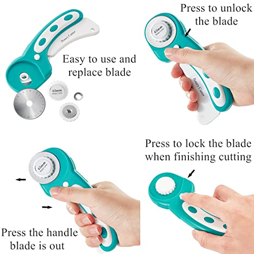 45mm Rotary Cutter with 5pcs Extra Blades, Ergonomic Handle Rolling Cutter with Safety Lock for Fabric, Leather, Crafting, Sewing, Quilting, Fabric Rotary Cutter Perfect for Left & Right Hand (Green) - color: Turquoise, size: 45mm