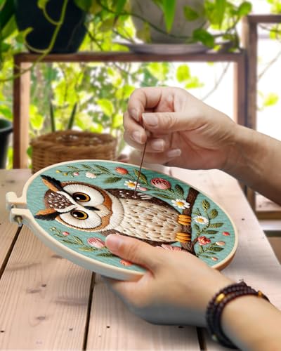 TINDTOP 5 Pack Embroidery Kit for Adult, Embroidery DIY Starter Kit, with Stamped Patterns, Hoop, Tools, Colorful Threads with Needles, Instructions - color: Owl