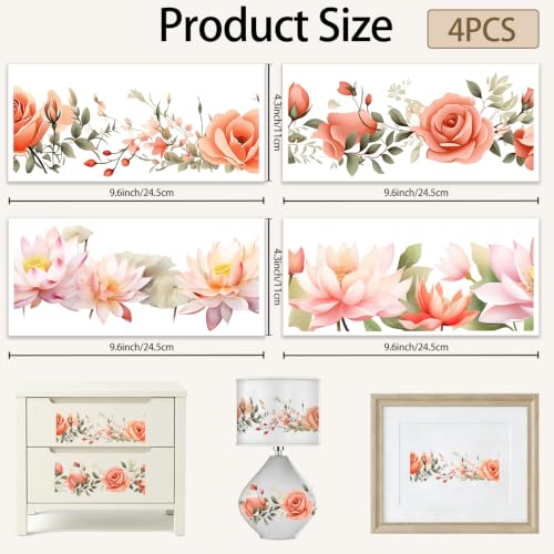Rub On Transfer 4 Pcs Pink Floral Transfer Sticker for Furniture