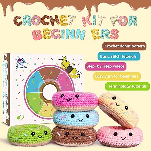 Crochet Kit for Beginners, Beginner Crochet Starter Kit w Step-by-Step Video Tutorials, Learn to Crochet Kits for Adults & Kids, DIY Knitting Supplies, 6-Pack Donut Family(40%+ Yarn Content) - color: Donut Family