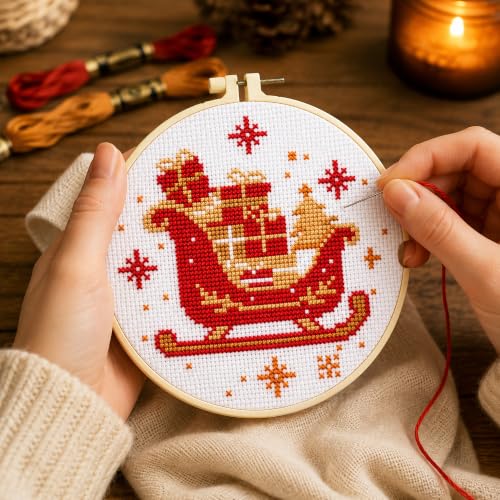 Zhenqing Christmas Sleigh Gift Cross Stitch Kit with Hoop - 11CT Pre-Printed 24x24cm Fabric & Complete Tools for Beginners (68341) - style: Christmas Sleigh Gift