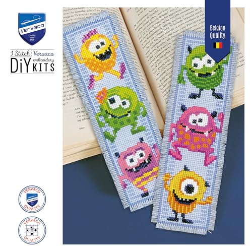 Vervaco Cross Stitch Bookmark Kit Little Monsters (Set of 2) 2.4" x 8" - size: 2.5" by 8"
