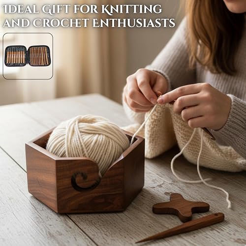 Brainmart Rosewood Yarn Winder & Swift with Wooden Yarn Bowl – 30pcs Crochet Kit | Handcrafted Wooden Ball Winder, Crochet Hooks Set, Bobbins, Weaving Needles for Knitting, Crocheting & Weaving