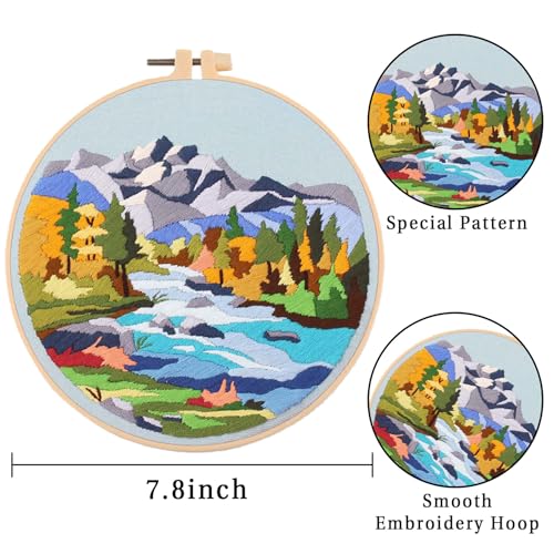 EOBTAIN 3 Sets Embroidery Kit for Beginners Adults Mountain Scene Hand Stamped Embroidery Practice Kits Cross Stitch Set with Embroidery Hoop,Needles and Threads,DIY Gifts at Home Embroidery Kit - color: Mountain