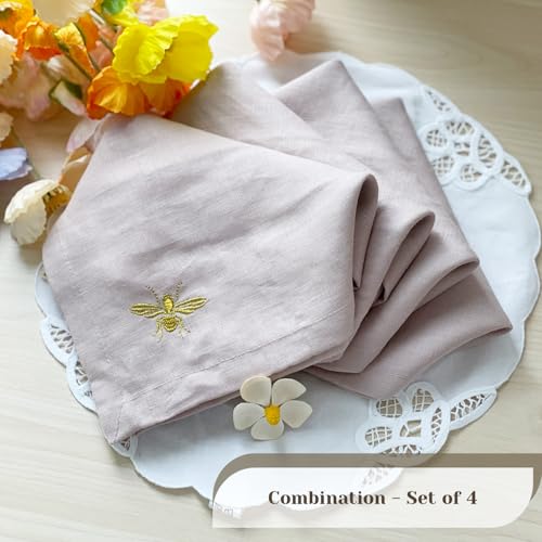 DerF HOME Embroidered Linen Napkins Set of 4, Light Pink 18x18 Inch - color: Light Pink-napkins(set of 4)