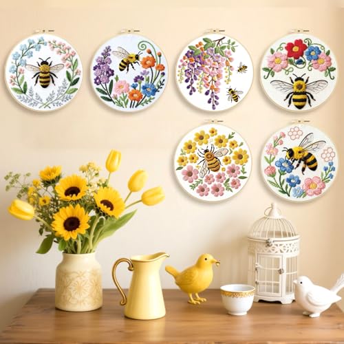ORIGACH 6 Pack Bees & Flowers Embroidery Kit for Beginners - style: Bees & Flowers
