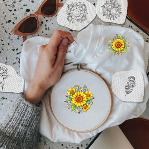 17Pcs Water Soluble Embroidery Patterns Sunflowers 11.7 x 8.3 Inch Embroidery Transfer Paper Sunflower Bouquets Stick and Stitch Wash Away Transfer Stabilizers for Hand Sewing Beginners - color: Sunflower