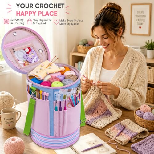 Canvas Yarn Storage Organizer with Removable Dividers, Crochet&Knitting Bag - color: Cotton Candy