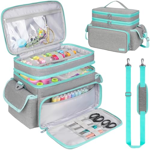 LEFOR·Z Large Sewing Supplies Organizer Bag(13 x 8 x 9 in),Sewing Basket - color: Grey/Green