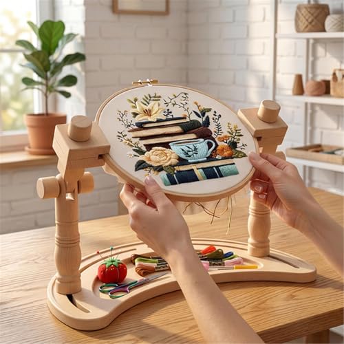 Huacan Embroidery Hoop Stand Adjustable - 360°Rotated Embroidery Frame Stand, Cross Stitch Stand, Beech Wood Embroidery Hoop Holder