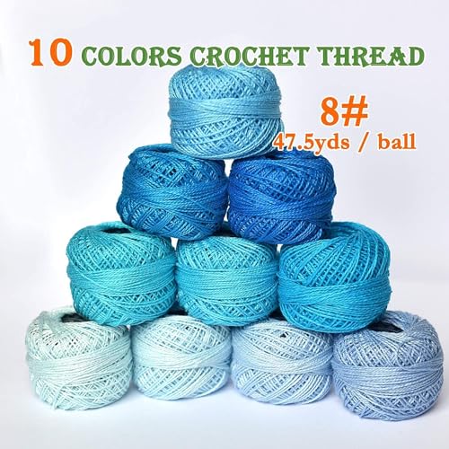 Size 8 Crochet Thread 10 Colors for Crochet Hardanger Cross Stitch Needlepoint Hand Embroidery (New Blue Series) - color: Lt Blue Series