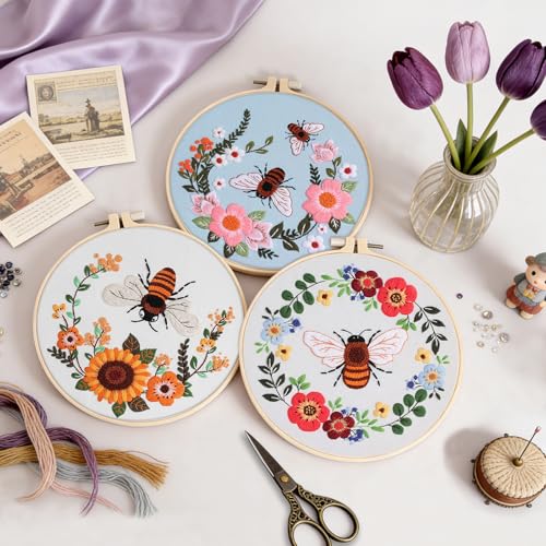 Uniartfy 3 Pack Bee Flower Embroidery Kits for Beginners, Cross Stitch Kit for Adults, DIY Needlepoint with Embroidery Hoop, Tools, Easy to Learn Video & Instructions, Hand Embroidery Starter Kit - color: Embroidery Kit-I