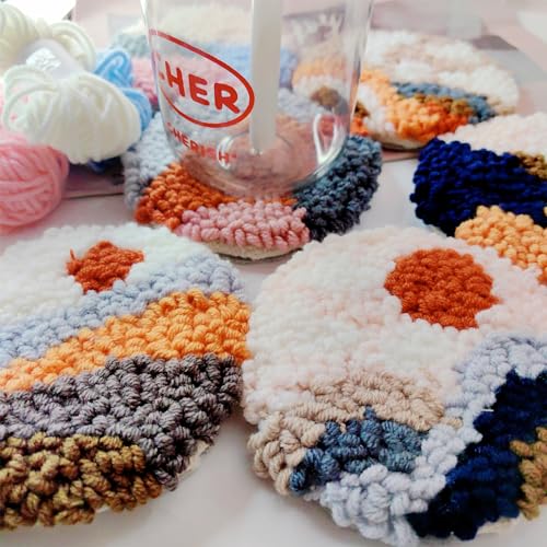 Allazone 6 PCS Punch Needle Coaster Kit with Landscape Patterns Yarns Tools, Felt Embroidery Hoop for DIY Craft - color: Landscape coaster