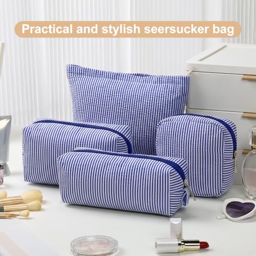 Sanwuta 4 Pcs Seersucker Pouch Striped Makeup Bag Set, Navy Blue - color: Navy Blue