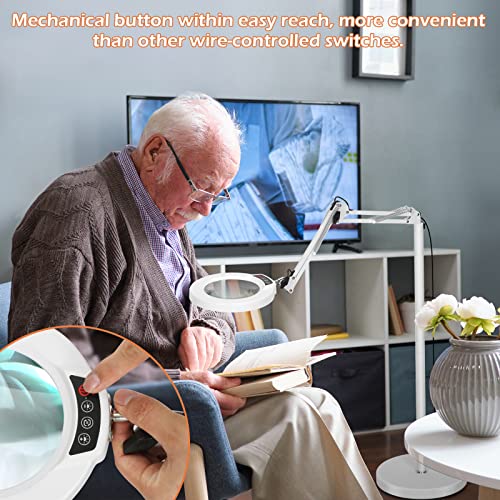 12X Real Glass Magnifying Glass with Light and Stand, LED 5 Color Modes, Stepless Dimmable Magnifying Floor Lamp, 3-in-1 Adjustable Swing Arm Lighted Magnifier Lamp with Clamp for Craft - White - color: White