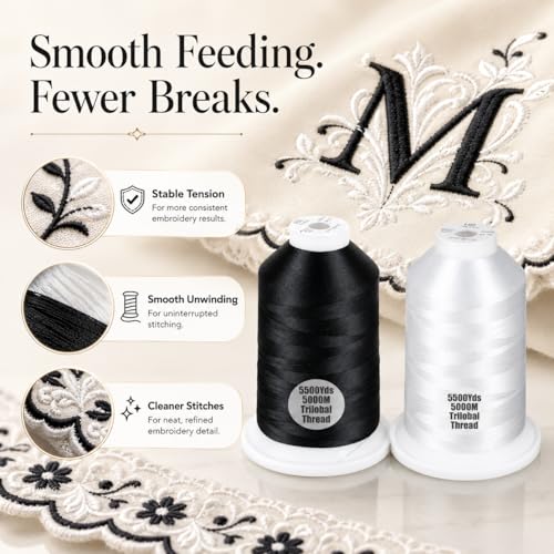 Simthread 2Pk 5500Y 40WT Polyester Embroidery Thread Black900 White001 - color: Classic Duo(Black+White)
