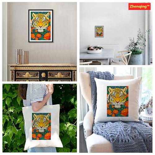 Zhenqing Tiger Stamped Cross Stitch Kit for Beginners, 11CT Printed Full Coverage Tiger Face with Orange Flowers Pattern, 28 x 38 cm Wildlife Animal Embroidery Needlework Set, No Hoop Needed - color: Tiger in Bloom
