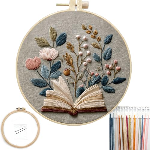 FONNUY Embroidery Kit for Beginners, Flower Book Pre-Stamped Pattern Kits for Adults with Hoop, Cross Stitch Easy to Follow Color Thread Needlework, 8'' Hoop (Brown) - color: Brown