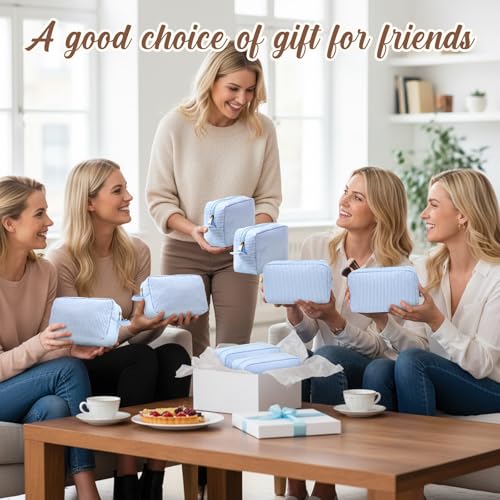 Sanwuta 10 Pcs Seersucker Cosmetic Bag Seersucker Makeup Bag Women Stripe Large Travel Toiletry Organizer Preppy Storage Pouch for Embroidery Wedding Bridesmaid Bride Mom (Light Blue) - color: Light Blue