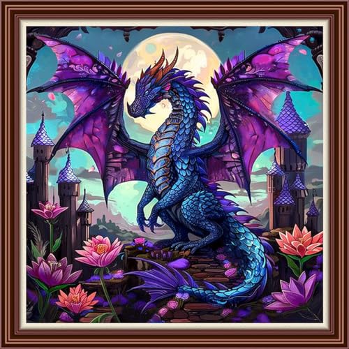 Dimensean Counted Cross Stitch Kit for Beginners, 11CT Unprinted Cross-Stitch Kit Easy Patterns Needlepoint Kit Cross Stitching Embroidery Kit Supplies-Moon Colored Dragon 18x18 inch - color: Patterns09