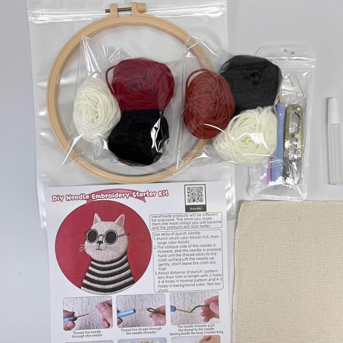 CELCRAFTIQUE Punch Needle Kits for Adults Beginner, Tool with Punch Needle Fabric, Hoops, Yarns and Sewing Needles (Style 4) - color: Retro Cat