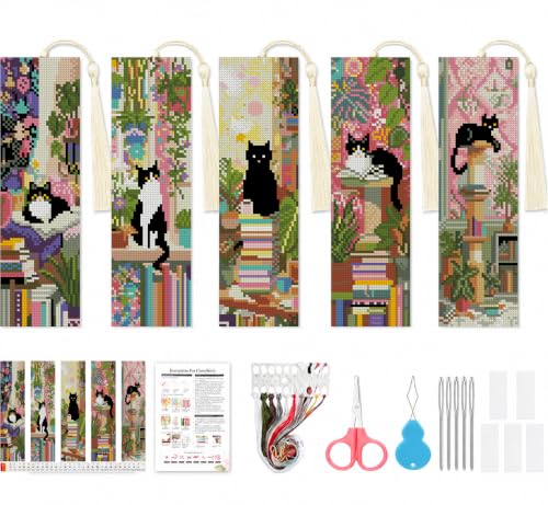 VIGEGU 5 Pcs Cat Book Stamped Cross Stitch Bookmark Kits for Adult Beginner - color: Black Cat Book Bookmark2026 - 3