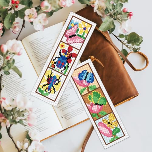 BEUNITONE 6 Pcs Insects Cross Stitch Bookmark Kits for Beginners Bookmark with Butterflies Dragonflies Pattern Counted Cross Stitch DIY Stamped Embroidery with Instructions for Book Lover 8''x2.4'' - style: Triple Grid Mixed