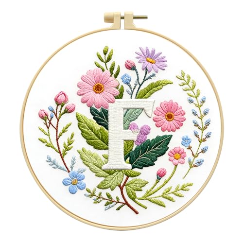 Zhenqing Letter F Embroidery Kit for Beginners, Pre-Printed 29x29cm Cotton Fabric with 20cm Hoop, Elegant Floral Monogram Design for Home Decor (C0089)