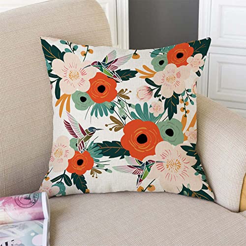 TSSOHU Flower and Hummingbird Pillow Cover Cotton Linen Spring Red Flower Green Leaves Boho Decorative Pillow Covers Cushion Cover Home Decor Pillowcase for 18x18 Inch - color: Tss50