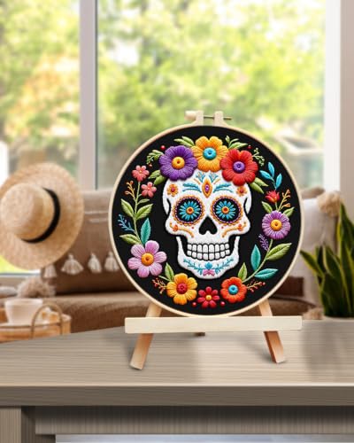 TINDTOP Embroidery Kit for Adult Beginners, Embroidery DIY Starter Kit, with Stamped Patterns, Hoop, Tools, Colorful Threads with Needles, Instructions (Skeleton B) - color: Skeleton B