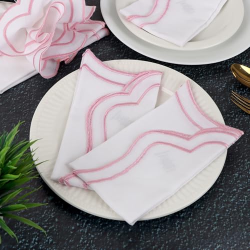 NATURALCRAFT Scalloped Cloth Napkins 18x18 in - White Edges Blush Pink - color: White Napkin With Blush Pink Edges, size: 18" x 18" (Set of 4)