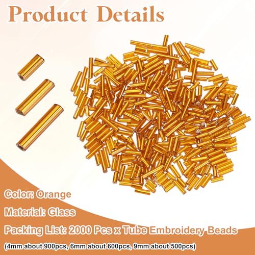 MECCANIXITY 2000pcs Glass Bugle Beads 4/6/9mm Long Tube Cylinder Beads - color: Orange