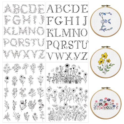 Rngmsi 4 Sheets Flower Alphabet Embroidery Patterns Water Soluble - color: Flower Alphabet