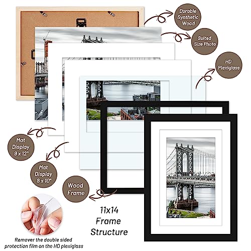 11x14 Picture Frames Solid Wood Display Pictures 9x12 or 8x10 with Mat or 11x14 Frame without Mat Poster Photo Frame Art with 2 Mats for Wall Mounting or Table Top(Black) - color: Black, size: 11x14 inch