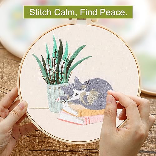 Santune 3 Pack Embroidery Kit for Beginners with Pattern, Cross Stitch Kits for Adults with Instructions,Needlepoint Kits for Adults Include 1 Embroidery Hoops,Color Threads and Needles(Cat) - color: Cat Series