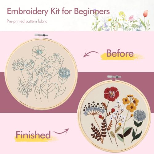 Embroidery Kit, 4 Pack Embroidery Kit for Beginners with Flower Pattern - color: KIT 02