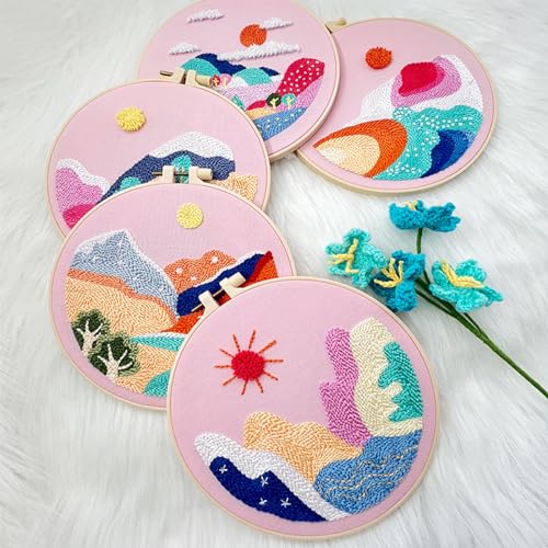 Allazone 3 Set Punch Needle Embroidery Kits, Punch Needle Kits for Adults Beginner, Punch Needle Tool with Punch Needle Cloth, Yarns and Sewing Needles (Sunset and Mountains) - color: sunset