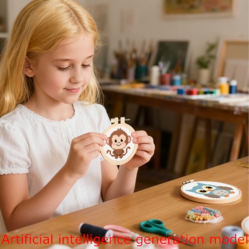 57lilina Cross Stitch Kits for Kids, 6 Set Easy Beginner Embroidery Pattern - color: Frog+Bee+Owl+Dinosaur+Monkey+Fish