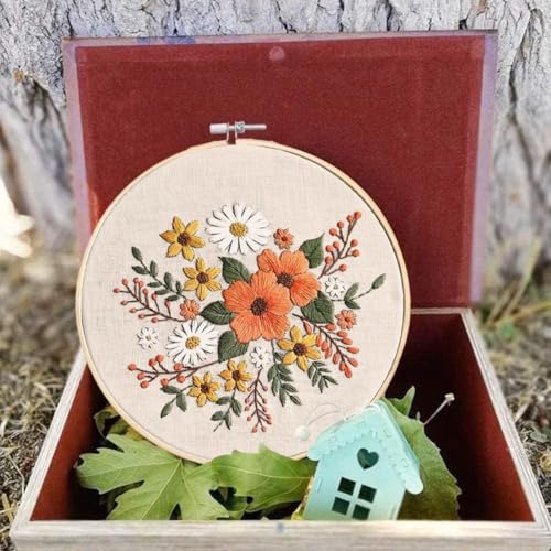 Arte Vita Embroidery Starter Kit Orange Flower Pattern Full Range DIY for Beginners - color: White-Orange