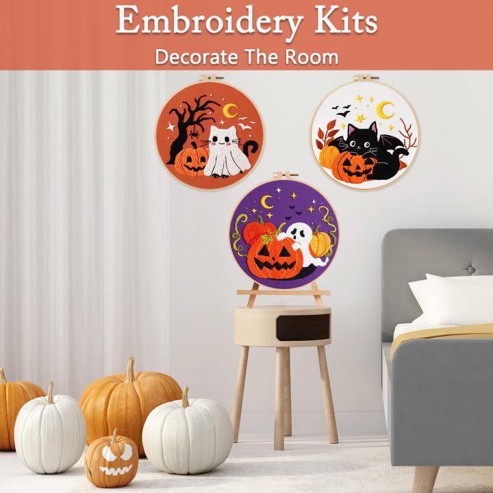 Nuberlic 3 Pack Halloween Embroidery Kit for Beginner Adults - color: Halloween