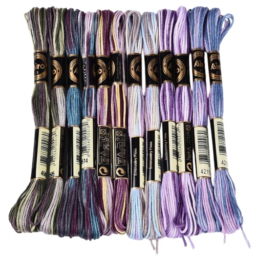 12 Skeins 105 Yards Purple Embroidery Thread Variegated Cross Stitch Floss Bulk 6 Ply Polyester Yarn Colorful Friendship Bracelet String for Sewing Making Needlecraft Knitting Stitching DIY - color: Dark Purple