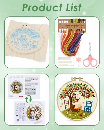 ERKOON Embroidery Kit for Beginners Adult, Cross Stitch Set Include Embroidery Cloth Hoop Threads for Craft Lover Hand Stitch with Embroidery Skill Techniques (Apple Tree) - color: Apple Tree