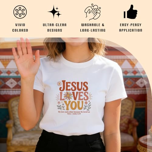 Dazoratix Christian Iron on Transfers - 24 Sheets Boho Bible Verse DTF Transfers Ready to Press Religious Heat Patches Retro Floral Faith Decals Vinyl Stickers for T Shirts Clothes Pillow DIY Crafts - style: Boho Christian