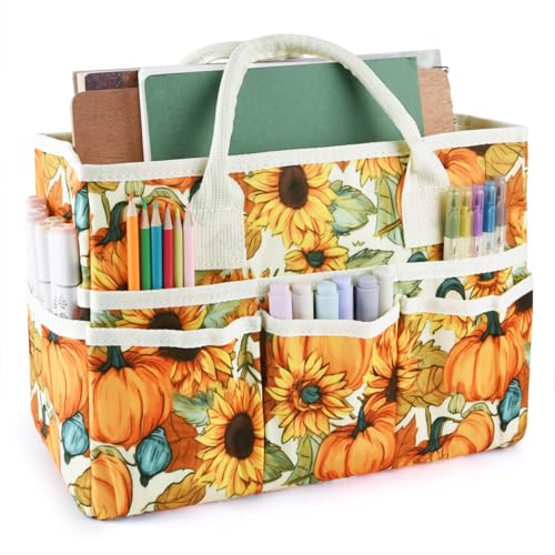 Craft Organizer Tote Bag with Multiple Pockets,Scrapbooking Art Storage - color: Pumpkin Flower