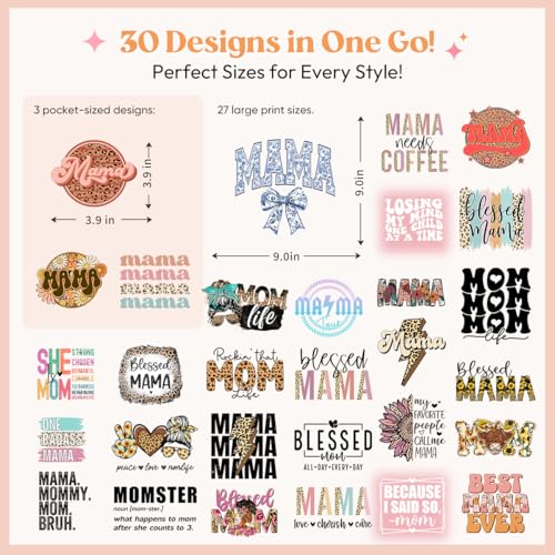 Kaciola 30 Sheets Mama DTF Transfers Ready to Press, Blessed Mama Iron on Transfers Stickers Mom Iron on Decals for T Shirts Hoodie DIY Crafts - color: Mama