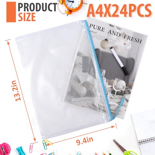 24 Pack 8 Color A4 Mesh zipper pouch bags, Storage Bags, File Bags for Classroom Organization, Zipper Pouches of office supplies, Puzzles, Board Game Storage - color: Multicolor, size: A4